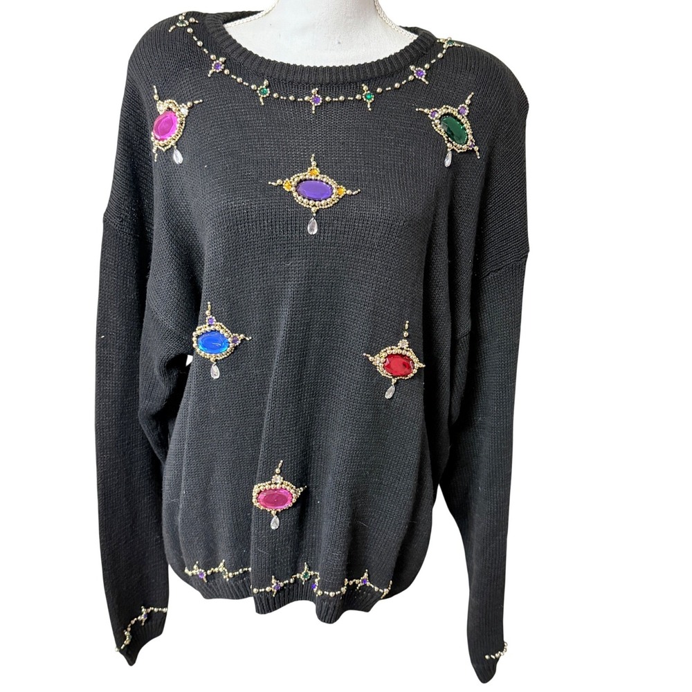 Vintage 90s Jeweled Sweater Black Ramie Cotton Women's XL‎ 42 Statement Knit